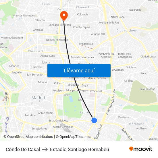 Conde De Casal to Estadio Santiago Bernabéu map