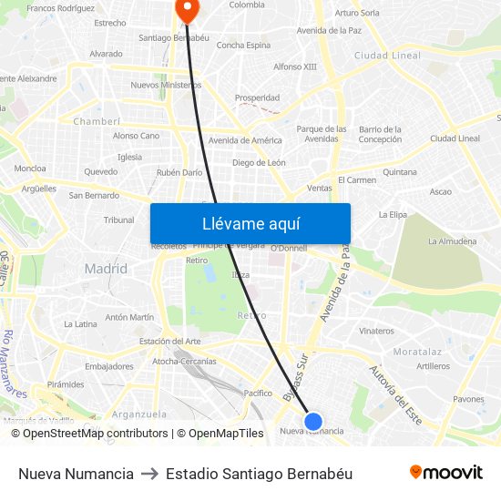 Nueva Numancia to Estadio Santiago Bernabéu map