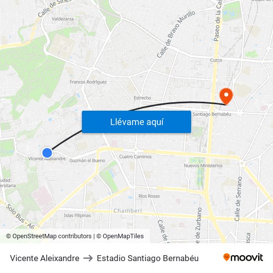 Vicente Aleixandre to Estadio Santiago Bernabéu map