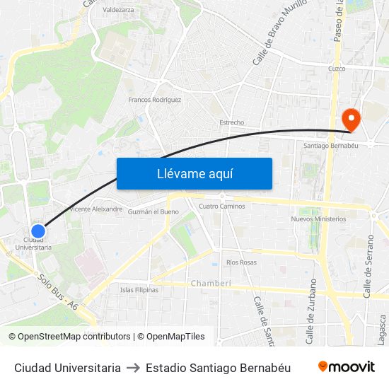 Ciudad Universitaria to Estadio Santiago Bernabéu map