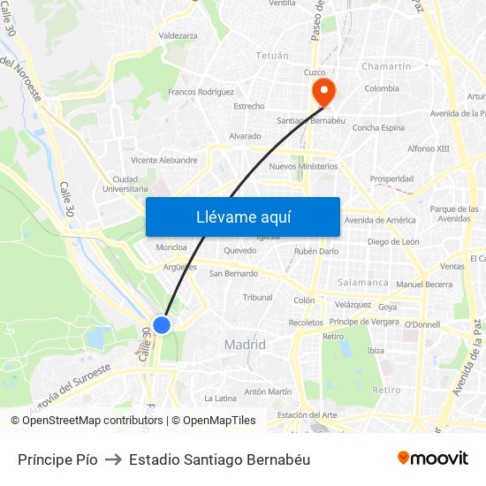 Príncipe Pío to Estadio Santiago Bernabéu map