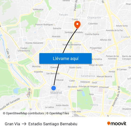 Gran Vía to Estadio Santiago Bernabéu map