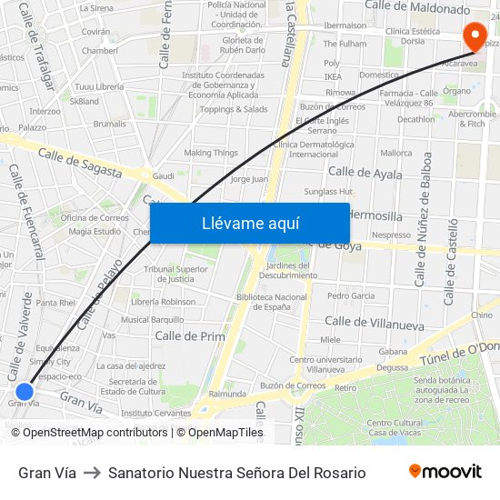 Gran Vía to Sanatorio Nuestra Señora Del Rosario map