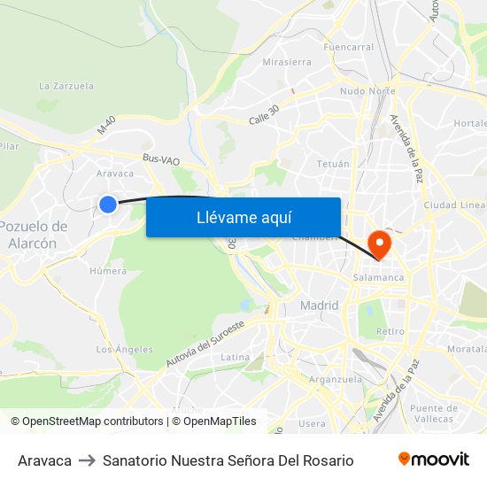 Aravaca to Sanatorio Nuestra Señora Del Rosario map