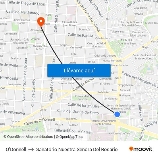 O'Donnell to Sanatorio Nuestra Señora Del Rosario map