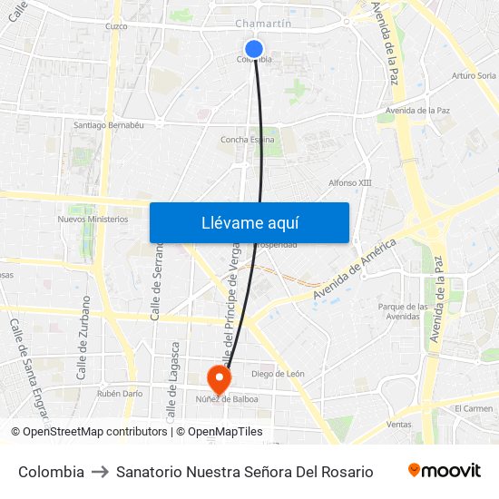 Colombia to Sanatorio Nuestra Señora Del Rosario map