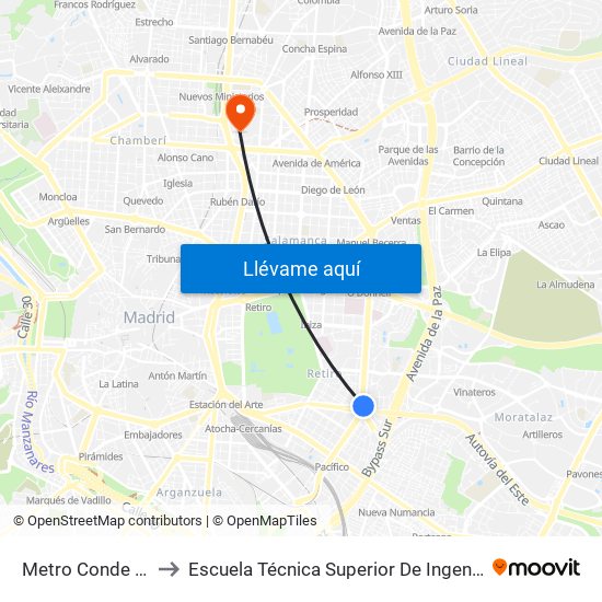 Metro Conde De Casal to Escuela Técnica Superior De Ingenieros Industriales map