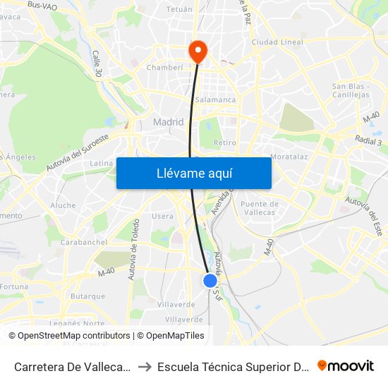 Carretera De Vallecas - Avenida Rosales to Escuela Técnica Superior De Ingenieros Industriales map