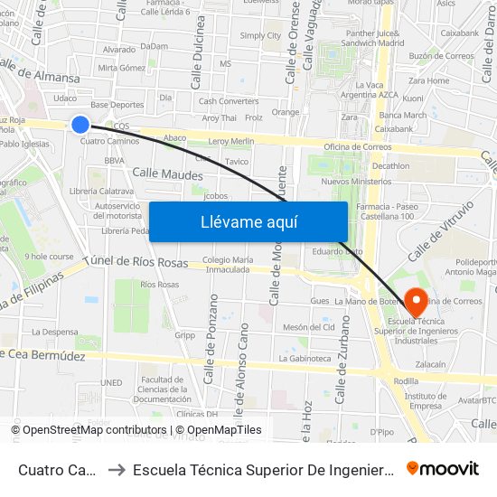 Cuatro Caminos to Escuela Técnica Superior De Ingenieros Industriales map