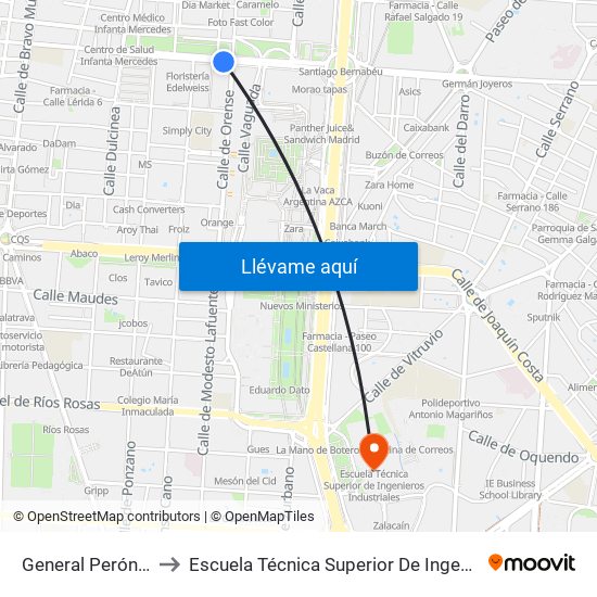 General Perón - Orense to Escuela Técnica Superior De Ingenieros Industriales map