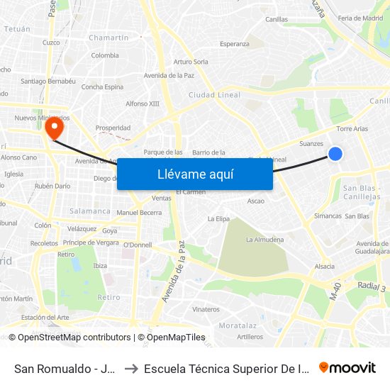 San Romualdo - Julián Camarillo to Escuela Técnica Superior De Ingenieros Industriales map