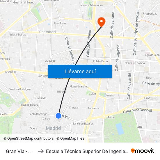 Gran Vía - Montera to Escuela Técnica Superior De Ingenieros Industriales map