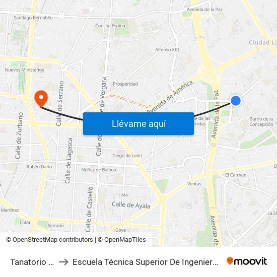 Tanatorio M-30 to Escuela Técnica Superior De Ingenieros Industriales map