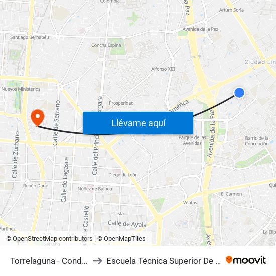 Torrelaguna - Condesa De Venadito to Escuela Técnica Superior De Ingenieros Industriales map