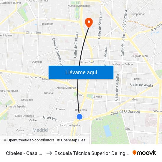 Cibeles - Casa De América to Escuela Técnica Superior De Ingenieros Industriales map