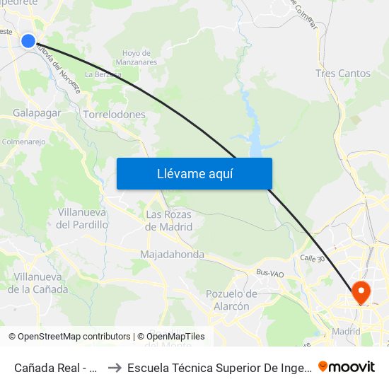 Cañada Real - Pza. Sierra to Escuela Técnica Superior De Ingenieros Industriales map