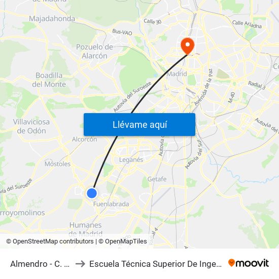 Almendro - C. C. Nexum to Escuela Técnica Superior De Ingenieros Industriales map