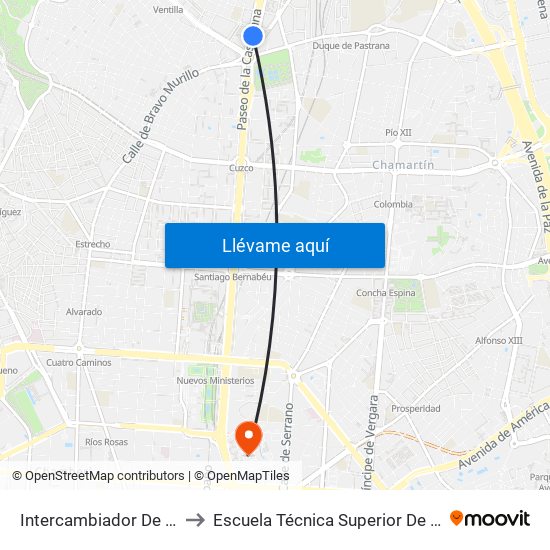 Intercambiador De Plaza De Castilla to Escuela Técnica Superior De Ingenieros Industriales map