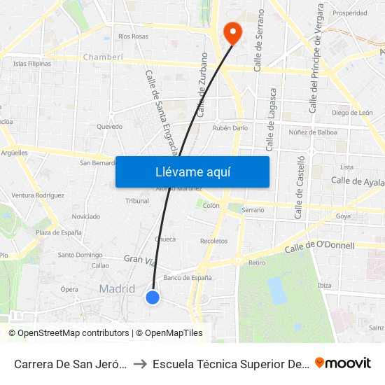 Carrera De San Jerónimo - Cedaceros to Escuela Técnica Superior De Ingenieros Industriales map