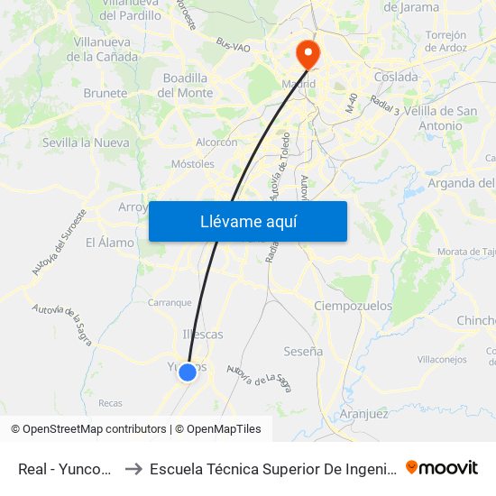 Real - Yuncos Centro to Escuela Técnica Superior De Ingenieros Industriales map