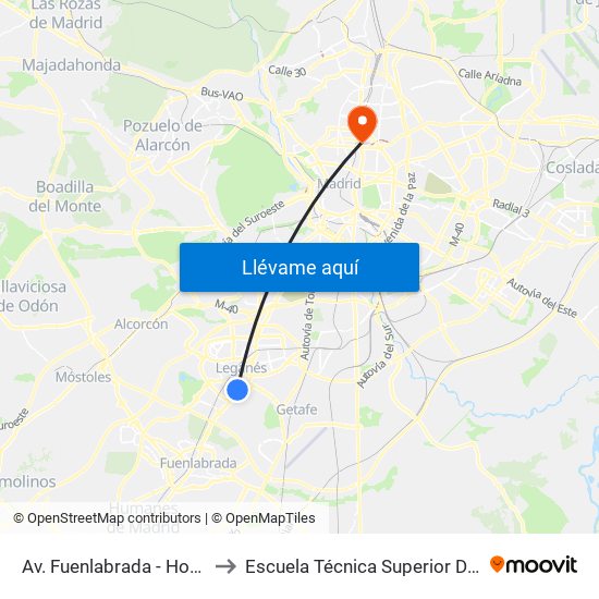 Av. Fuenlabrada - Hospital Severo Ochoa to Escuela Técnica Superior De Ingenieros Industriales map