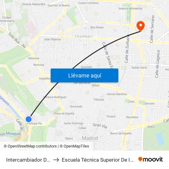 Intercambiador De Príncipe Pío to Escuela Técnica Superior De Ingenieros Industriales map