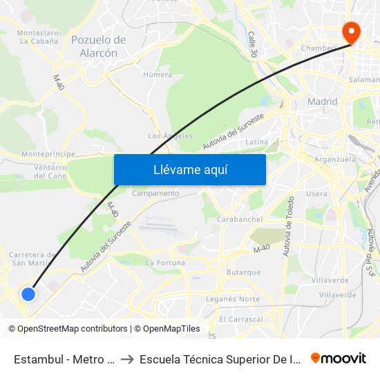 Estambul - Metro Parque Oeste to Escuela Técnica Superior De Ingenieros Industriales map