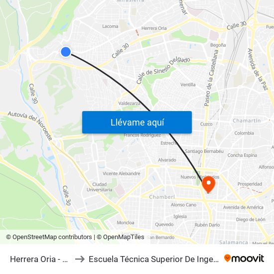 Herrera Oria - Gascones to Escuela Técnica Superior De Ingenieros Industriales map