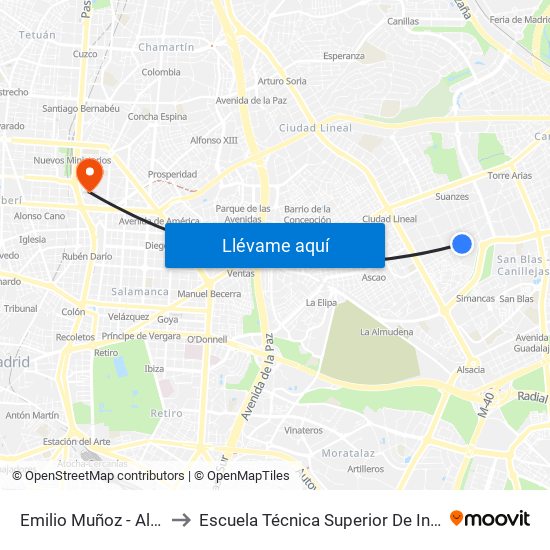 Emilio Muñoz - Alfonso Gómez to Escuela Técnica Superior De Ingenieros Industriales map