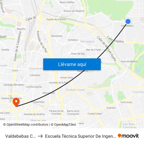 Valdebebas Cercanías to Escuela Técnica Superior De Ingenieros Industriales map