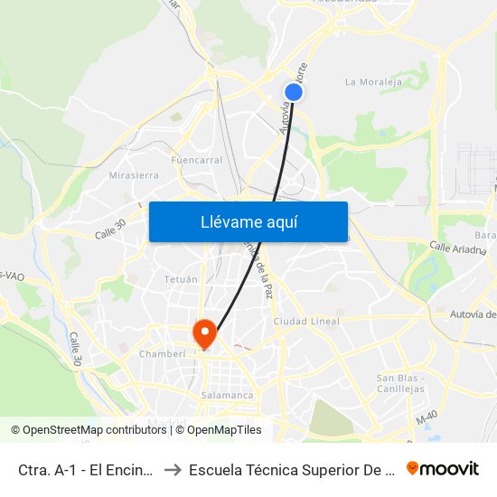 Ctra. A-1 - El Encinar De Los Reyes to Escuela Técnica Superior De Ingenieros Industriales map