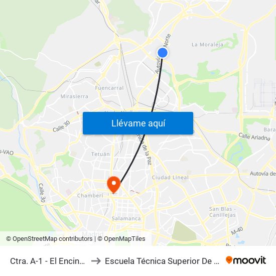 Ctra. A-1 - El Encinar De Los Reyes to Escuela Técnica Superior De Ingenieros Industriales map