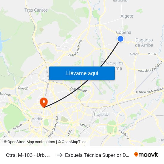 Ctra. M-103 - Urb. Mirador De Cobeña to Escuela Técnica Superior De Ingenieros Industriales map