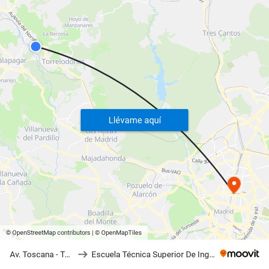 Av. Toscana - Tejas Verdes to Escuela Técnica Superior De Ingenieros Industriales map
