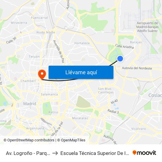 Av. Logroño - Parque El Capricho to Escuela Técnica Superior De Ingenieros Industriales map