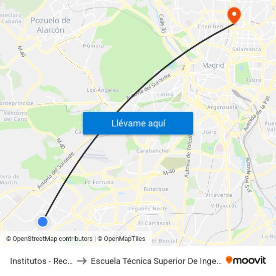 Institutos - Recinto Ferial to Escuela Técnica Superior De Ingenieros Industriales map
