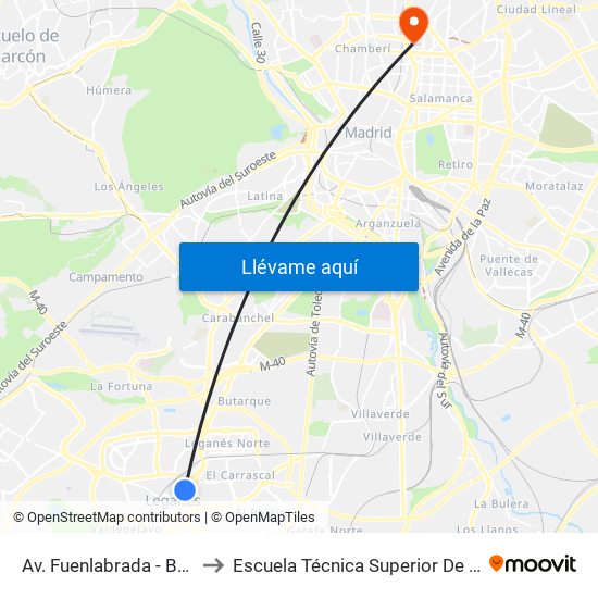 Av. Fuenlabrada - Batalla De Brunete to Escuela Técnica Superior De Ingenieros Industriales map