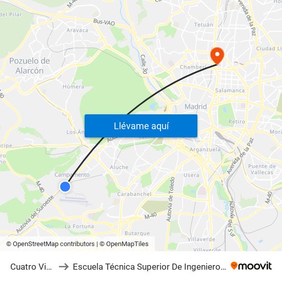 Cuatro Vientos to Escuela Técnica Superior De Ingenieros Industriales map