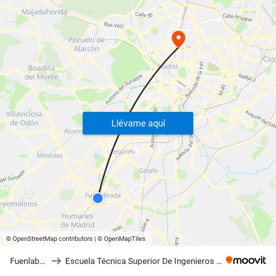 Fuenlabrada to Escuela Técnica Superior De Ingenieros Industriales map