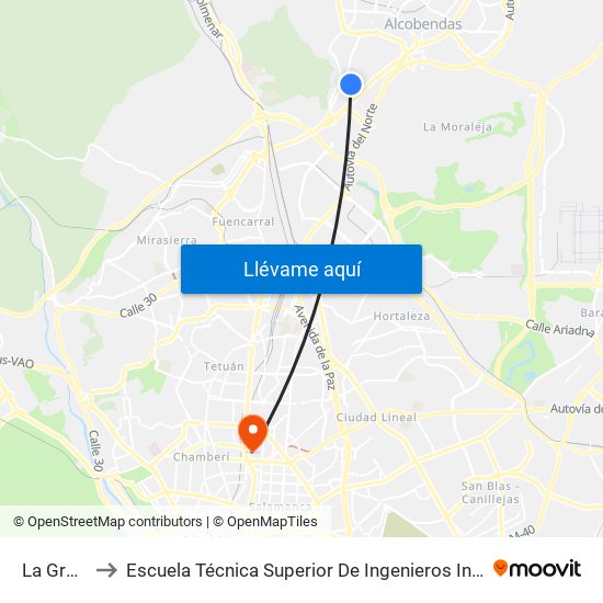 La Granja to Escuela Técnica Superior De Ingenieros Industriales map