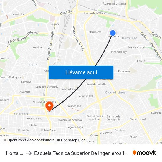 Hortaleza to Escuela Técnica Superior De Ingenieros Industriales map