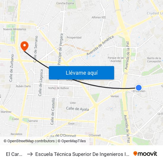 El Carmen to Escuela Técnica Superior De Ingenieros Industriales map