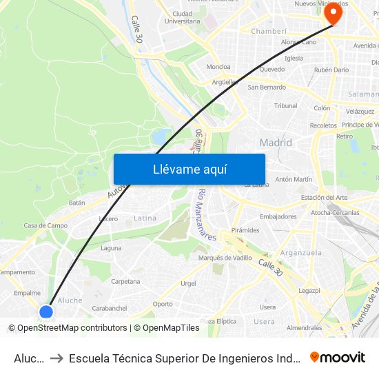 Aluche to Escuela Técnica Superior De Ingenieros Industriales map