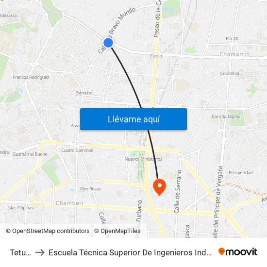 Tetuán to Escuela Técnica Superior De Ingenieros Industriales map