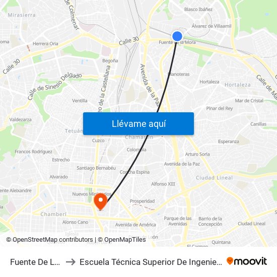 Fuente De La Mora to Escuela Técnica Superior De Ingenieros Industriales map