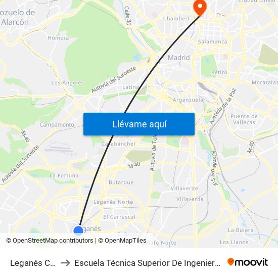 Leganés Central to Escuela Técnica Superior De Ingenieros Industriales map