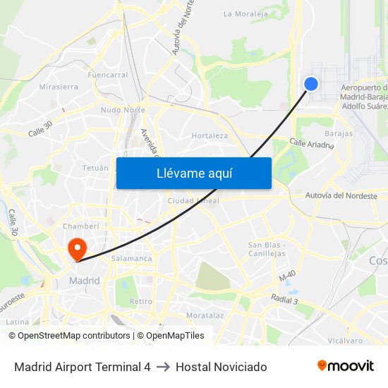 Madrid Airport Terminal 4 to Hostal Noviciado map