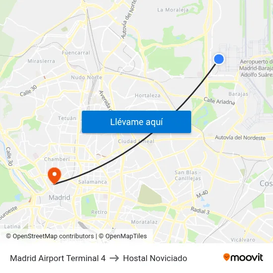 Madrid Airport Terminal 4 to Hostal Noviciado map