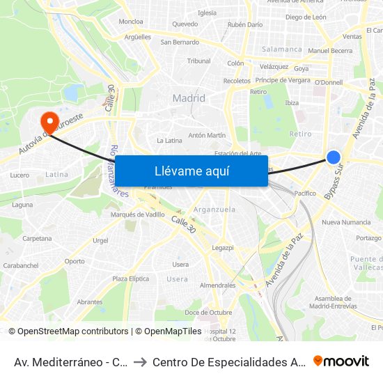 Av. Mediterráneo - Conde De Casal to Centro De Especialidades Avenida De Portugal. map