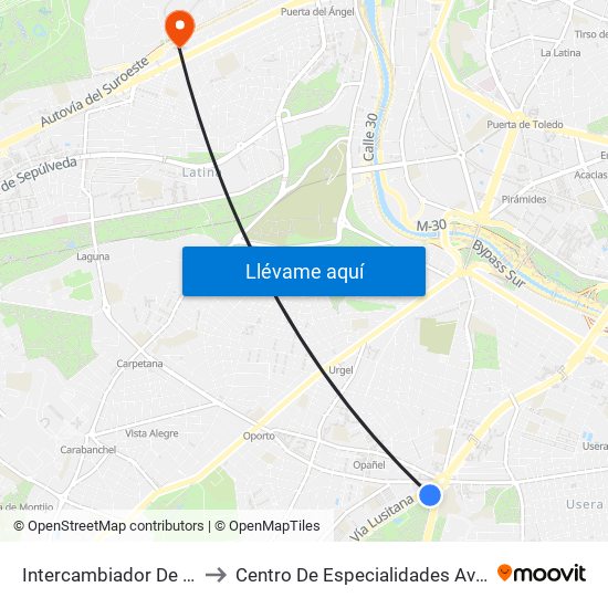 Intercambiador De Plaza Elíptica to Centro De Especialidades Avenida De Portugal. map